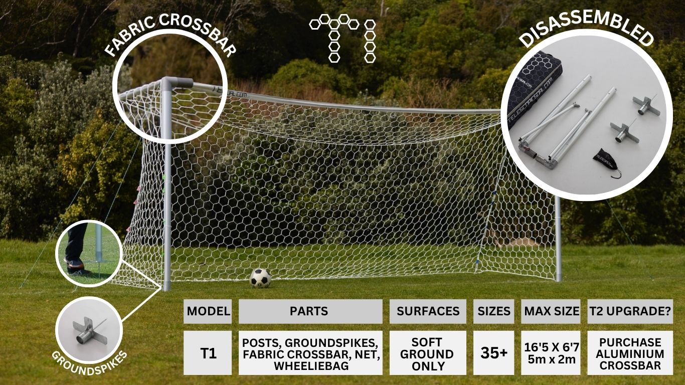 T1 Adjustable Football Goal - Aluminium Posts & Fabric Crossbar - Soft Grounds Only