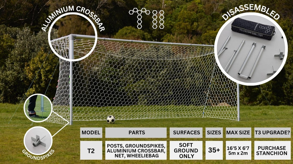T2 Adjustable Football Goal - Aluminium Posts & Crossbar - Soft Grounds Only