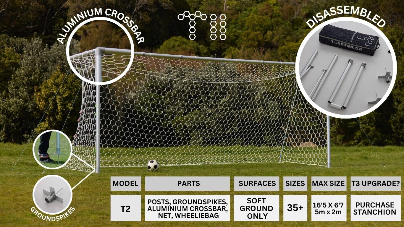 T2 Adjustable Football Goal - Aluminium Posts & Crossbar - Soft Grounds Only